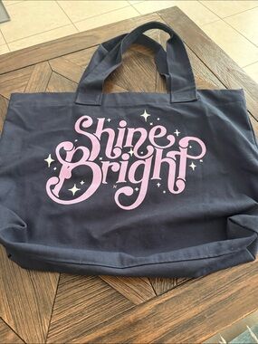 ModCloth Shine Bright Canvas Tote Bag Navy Blue Purple Lettering Silver Stars